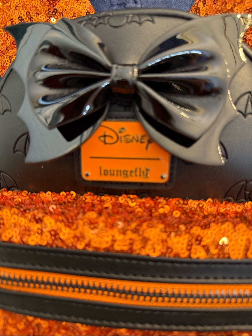 LOUNGEFLY Disney Orange Sequin Minnie Ear Backpack with Black Bow - Picture 2 of 6